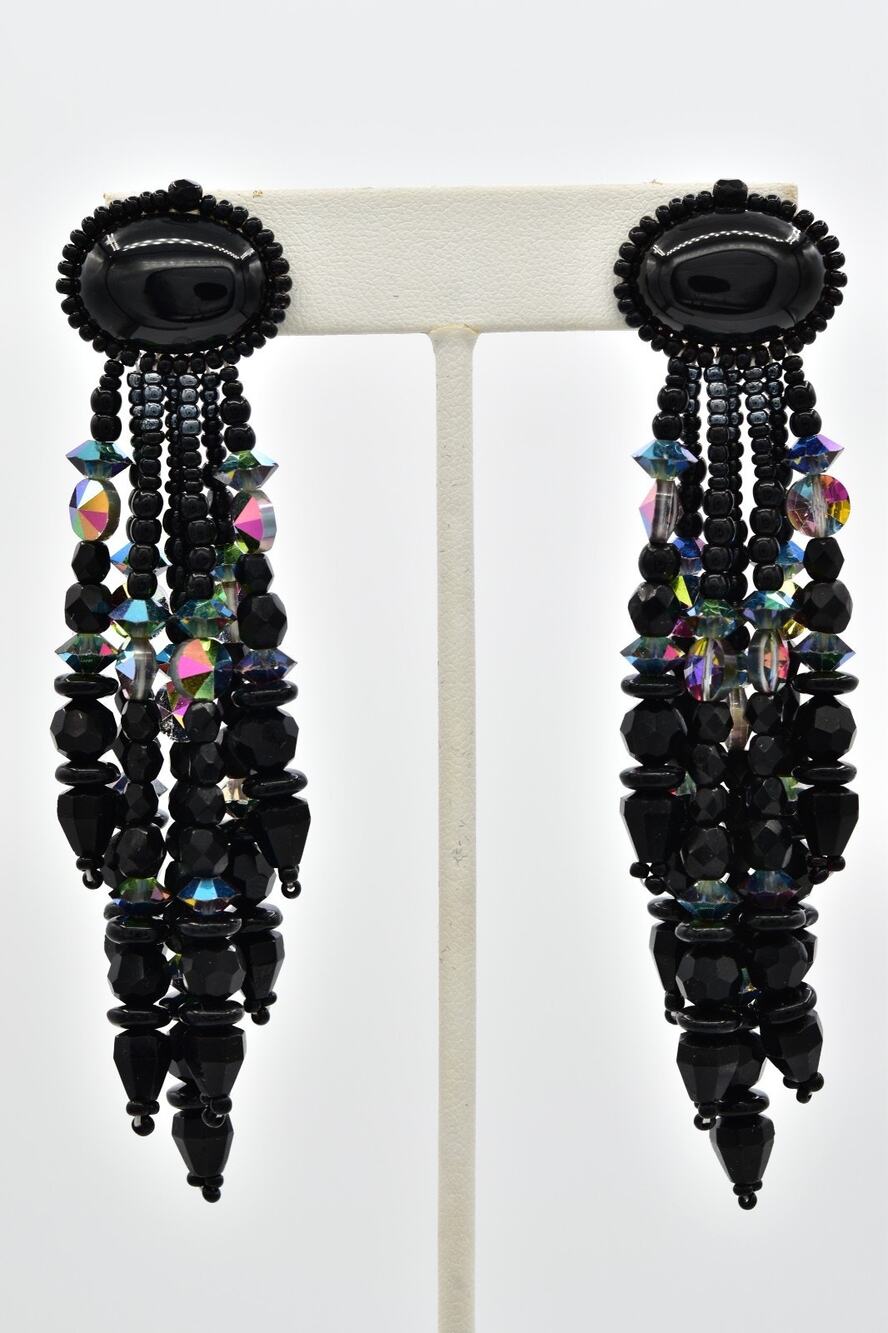 Chipita Vintage Black Beaded AB Crystal Chandelier Statement Earrings Boho BinAZ